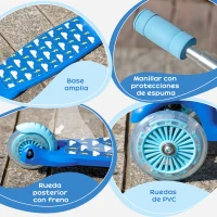 HOMCOM Patinete para Niños de +3 Años Plegable Patinete 3 Ruedas con Luces LED Manillar Altura Ajustable y Freno Posterior Carga Máxima 50 kg 54,7x32,5x59-69 cm Azul(m-7)