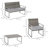 Outsunny 4PC Rattan Garden Furniture Set 2 Single Sofa Arm Chairs 1 Bench with Cushions & Coffee Table Patio Backyard Wicker Weave(m-3)