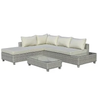 Outsunny 3 Pieces Outdoor PE Rattan Sofa Set, Patio Wicker Sectional Conversation Aluminium Frame Furniture Set, 4-Level Adjust Backrest Chaise Lounge w/ Padded Cushion, Tea Table, Mixed Grey(m-11)