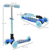 HOMCOM Patinete para Niños de +3 Años Plegable Patinete 3 Ruedas con Luces LED Manillar Altura Ajustable y Freno Posterior Carga Máxima 50 kg 54,7x32,5x59-69 cm Azul(m-3)