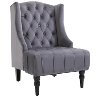 HOMCOM Velvet Fabric Tufted French Style Tall Wingback Accent Chair Home Décor with Extra Wide Seat, Wooden Legs, Grey