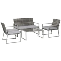 Outsunny 4PC Rattan Garden Furniture Set 2 Single Sofa Arm Chairs 1 Bench with Cushions & Coffee Table Patio Backyard Wicker Weave(m-1)