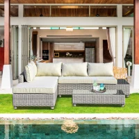 Outsunny 3 Pieces Outdoor PE Rattan Sofa Set, Patio Wicker Sectional Conversation Aluminium Frame Furniture Set, 4-Level Adjust Backrest Chaise Lounge w/ Padded Cushion, Tea Table, Mixed Grey(m-10)