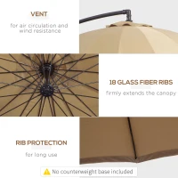 Outsunny 3(m) Cantilever Umbrella 18 Ribs & Vents Adjustable Angle for Patio Khaki(m-6)
