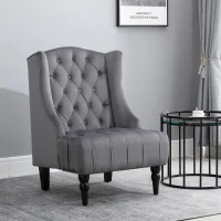 HOMCOM Velvet Fabric Tufted French Style Tall Wingback Accent Chair Home Décor with Extra Wide Seat, Wooden Legs, Grey(m-8)