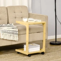 HOMCOM C-Shaped Side Table, Mobile End Table, Under Sofa Table with Wheels, Bamboo Frame for Living Room, Bedroom(m-2)