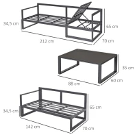 Outsunny 3 PCs Patio Furniture Set for 5 People Converts into Lounge 4-Level Backrest with Coffee Table Cushion Aluminium(m-3)
