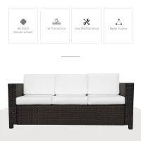 Outsunny 3 Seater Rattan Sofa, All-Weather Wicker Weave Metal Frame Chair with Fire Resistant Cushion, Brown(m-4)