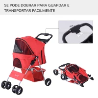 PawHut Carrinho para Animais de Estimação Dobrável para Cães com Capô Ajustável Cesta de Armazenamento e Rodas com Freio Tecido Oxford Estrutura de Aço 74x46x94cm Vermelho(m-5)