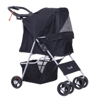 PawHut Carrinho para Animais de Estimação Dobrável para Cães com Capô Ajustável Cesta de Armazenamento e Rodas com Freio Tecido Oxford Estrutura de Aço 74x46x94cm Preto(m-8)