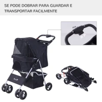 PawHut Carrinho para Animais de Estimação Dobrável para Cães com Capô Ajustável Cesta de Armazenamento e Rodas com Freio Tecido Oxford Estrutura de Aço 74x46x94cm Preto(m-5)