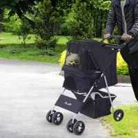 PawHut Carrinho para Animais de Estimação Dobrável para Cães com Capô Ajustável Cesta de Armazenamento e Rodas com Freio Tecido Oxford Estrutura de Aço 74x46x94cm Preto(m-2)