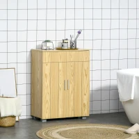 kleankin Armario de Baño con 2 Puertas y 2 Estantes Ajustables de 7 Niveles Mueble Auxiliar de Almacenaje para Salón Cocina Antivuelco 60x30x80 cm Natural(m-10)