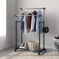 HomCom Cuier pentru Haine Dublu cu Suport de Pantofi din Inox cu Roți Înălțime reglabilă(m-1)