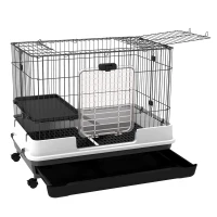 PawHut Kleintierkäfig mit Räder, 2 Türen, Plattform, Bodenfach, Metall, Schwarz, 81,2 x 52,7 x 66 cm(m-11)