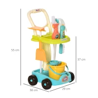 HOMCOM schoonmaakset voor kinderen rollenspel schoonmaak speelgoed 17 delig met bezem dweil stoffer PP kunststof groen + blauw + wit 30 x 29 x 55 cm(m-3)