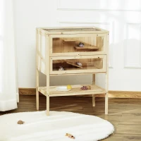 PawHut Kooi voor kleine dieren hamsterkooi kooi knaagdierkooi muizenkooi dennenhout, 60 x 40 x 80 cm(m-2)