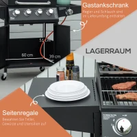 Outsunny 4+1 Gas BBQ Grill met 4 Branders en 1 Zijbrander Koolstofstaal Zwart 132 x 55 x 109 cm(m-6)