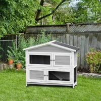 PawHut konijnenhok 2 verdiepingen design konijnenhok caviahok konijnenhok klein dier met 1 antislip helling dennenhout metaal lichtgrijs + wit + zwart 121,5 x 57 x 104,5 cm(m-10)