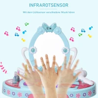 HOMCOM Kinderschminktisch Frisiertisch mit Hocker 5 Musikstücke Licht Mädchen Kosmetik Spiegel Infrarotsensor Blau 49,5x23,5x69,5 cm(m-5)