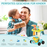 HOMCOM Besenwagen Putzwagen mit Zubehör Reinigungswagen Putzset für Kinder Rollenspiel Reinigungsspielzeug 17 Stück mit Besen Mopp Kehrschaufel PP-Kunststoff Grün+Blau+Weiß 30 x 29 x 55 cm(m-5)