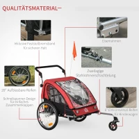 HOMCOM 2-in-1 kinderaanhanger fietskar kinderwagen met opbergtas tweelaags stalen buis metaal oxford rood + zwart 160 x 84 x 106 cm(m-6)
