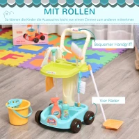 HOMCOM Besenwagen Putzwagen mit Zubehör Reinigungswagen Putzset für Kinder Rollenspiel Reinigungsspielzeug 17 Stück mit Besen Mopp Kehrschaufel PP-Kunststoff Grün+Blau+Weiß 30 x 29 x 55 cm(m-7)