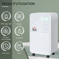 HOMCOM Déshumidificateur portable électrique silencieux 270W capacité max. réservoir 2L évacuation continue 16L/24H idéal pièces 16 m² max. blanc(m-7)