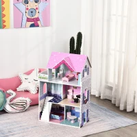 HOMCOM Puppenvilla Mädchen Spielzeug Kinder Puppenhaus aus Holz Puppenstube Dollhouse 3 Etagen mit Möbel und Zubehör 86 x 30 x 87 cm(m-9)