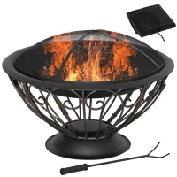 Outsunny Outdoor Fire Pit for Garden, Metal Fire Bowl Fireplace with Spark Screen, Poker, Log Grate and Rainproof Cover, Patio Heater, Bronze(m-1)