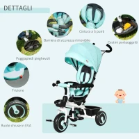 HOMCOM Triciclo per Bambini Reversibile con Maniglione, Tettuccio e Barra Rimovibili Poggiapiedi Pieghevole, Età 1-5 Anni, Verde(m-8)