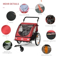 HOMCOM 2-in-1 kinderaanhanger fietskar kinderwagen met opbergtas tweelaags stalen buis metaal oxford rood + zwart 160 x 84 x 106 cm(m-7)
