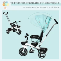 HOMCOM Triciclo per Bambini Reversibile con Maniglione, Tettuccio e Barra Rimovibili Poggiapiedi Pieghevole, Età 1-5 Anni, Verde(m-5)