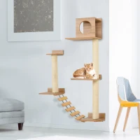PawHut Kletterwand für Katzen Wandkratzbaum Katzenbaum Kletterbaum für Katzen Mehrstufiges mit Leiter Pilaster Gelb Höhe 156 cm(m-10)