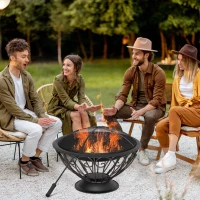 Outsunny Outdoor Fire Pit for Garden, Metal Fire Bowl Fireplace with Spark Screen, Poker, Log Grate and Rainproof Cover, Patio Heater, Bronze(m-2)