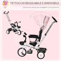 HOMCOM Triciclo per Bambini con Maniglione e Passeggino Reversibile, Tettuccio e Barra Rimovibili, 100x48x106cm(m-5)