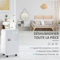 HOMCOM Déshumidificateur portable électrique silencieux 270W capacité max. réservoir 2L évacuation continue 16L/24H idéal pièces 16 m² max. blanc(m-4)