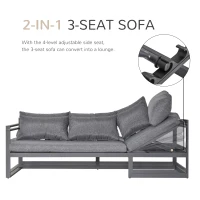 Outsunny 3 PCs Patio Furniture Set for 5 People Converts into Lounge 4-Level Backrest with Coffee Table Cushion Aluminium(m-4)