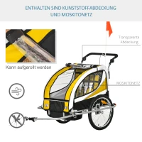 HOMCOM Kinderanhänger Fahrradanhänger Kinder Anhänger für 2 Kinder Regenschutz atmungsaktiv Gelb+Schwarz+Grauweiß 155 x 88 x 108 cm(m-5)