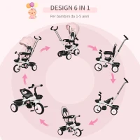 HOMCOM Triciclo per Bambini con Maniglione e Passeggino Reversibile, Tettuccio e Barra Rimovibili, 100x48x106cm(m-4)