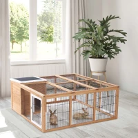 PawHut konijnenhok konijnenhok met ren klein dierenhok dak kan geopend worden waterdicht multifunctioneel dennenhout naturel 123 x 120 x 52 cm(m-9)