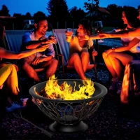 Outsunny Outdoor Fire Pit for Garden, Metal Fire Bowl Fireplace with Spark Screen, Poker, Log Grate and Rainproof Cover, Patio Heater, Bronze(m-10)