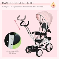HOMCOM Triciclo per Bambini con Maniglione e Passeggino Reversibile, Tettuccio e Barra Rimovibili, 100x48x106cm(m-7)