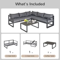 Outsunny 3 PCs Patio Furniture Set for 5 People Converts into Lounge 4-Level Backrest with Coffee Table Cushion Aluminium(m-6)