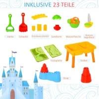 HOMCOM Kinder Sandspielzeug Sandkastentisch mit 23-tlg. Zubehör Spieltisch Strandspielzeug für 18-36 Monate PP Schlossthema 59L x 42 x 37 cm(m-5)