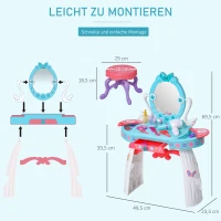 HOMCOM Kinderschminktisch Frisiertisch mit Hocker 5 Musikstücke Licht Mädchen Kosmetik Spiegel Infrarotsensor Blau 49,5x23,5x69,5 cm(m-7)