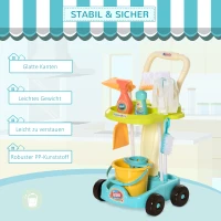 HOMCOM schoonmaakset voor kinderen rollenspel schoonmaak speelgoed 17 delig met bezem dweil stoffer PP kunststof groen + blauw + wit 30 x 29 x 55 cm(m-6)