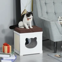 PawHut kattenhuis poef kruk 2-in-1 kattengrot kattenwoning MDF wit(m-2)