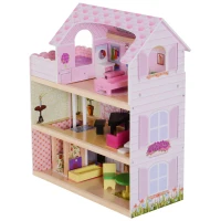 HOMCOM Kinderpoppenhuis poppenhuis barbiehuis poppenhuis met 3 verdiepingen met meubels(m-4)
