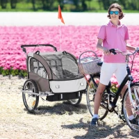 HOMCOM Kinderanhänger Fahrradanhänger mit Regenschutz atmungsaktiv Oxfordgewebe Cream-Kaffeebraun 155 x 88 x 108 cm(m-2)